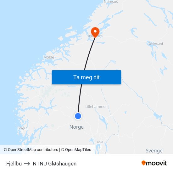 Fjellbu to NTNU Gløshaugen map