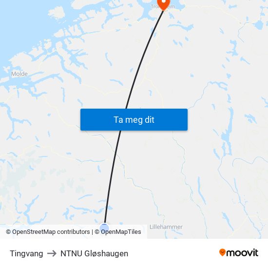Tingvang to NTNU Gløshaugen map