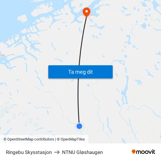 Ringebu Skysstasjon to NTNU Gløshaugen map