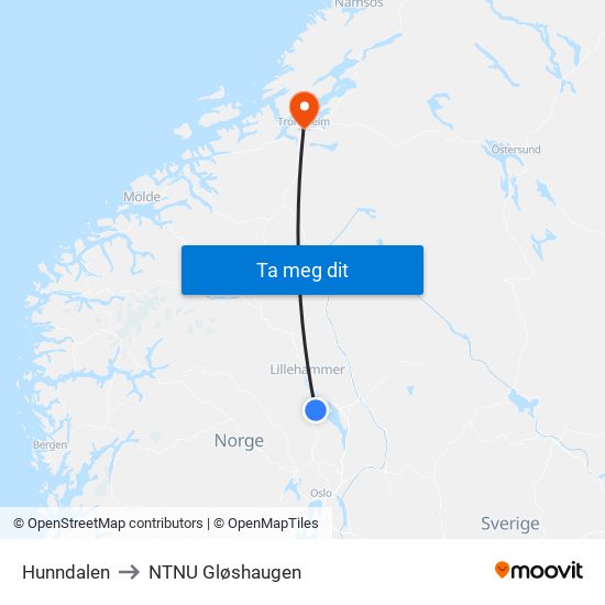 Hunndalen to NTNU Gløshaugen map