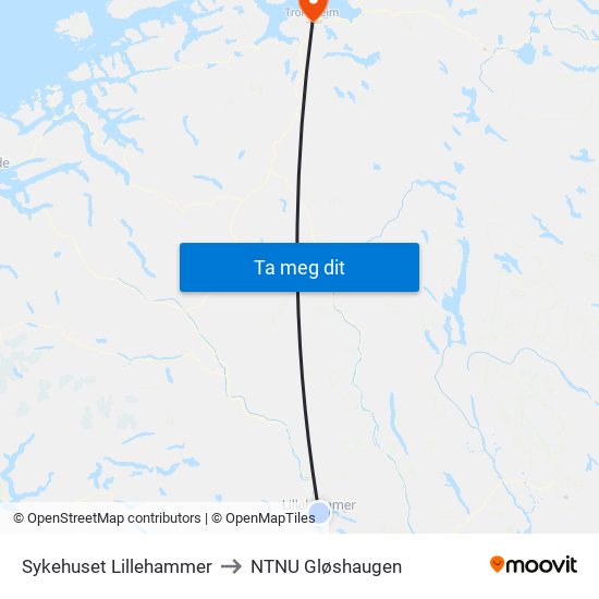 Sykehuset Lillehammer to NTNU Gløshaugen map