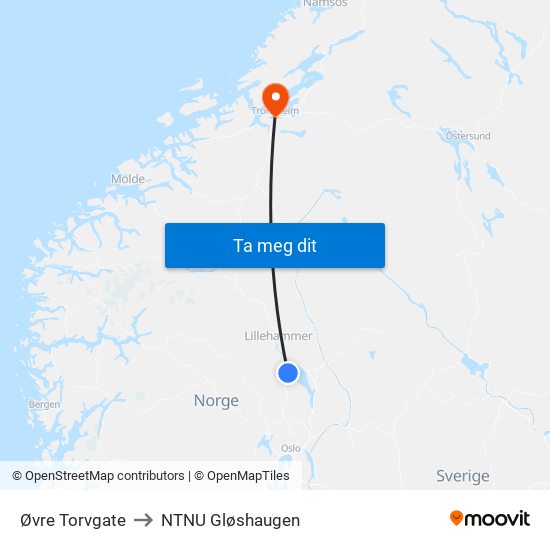 Øvre Torvgate to NTNU Gløshaugen map