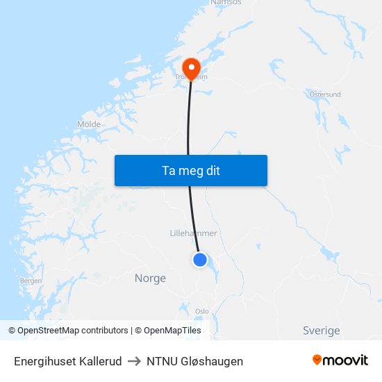 Energihuset Kallerud to NTNU Gløshaugen map