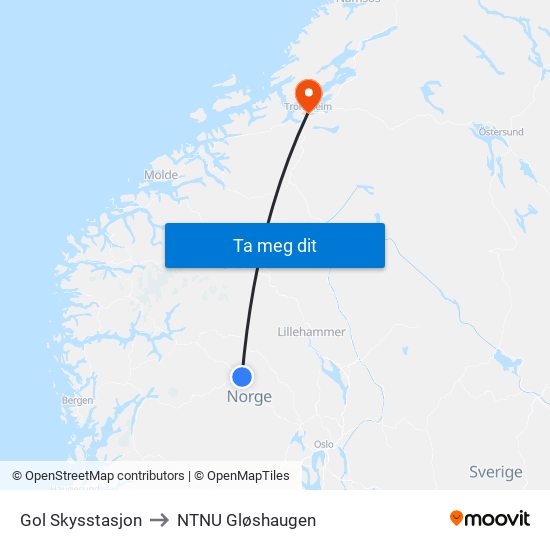 Gol Skysstasjon to NTNU Gløshaugen map
