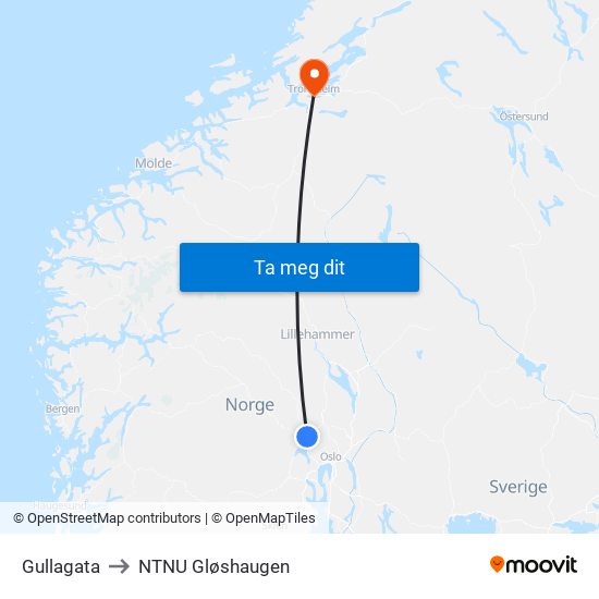 Gullagata to NTNU Gløshaugen map
