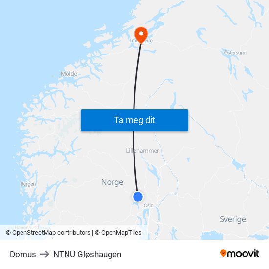 Domus to NTNU Gløshaugen map