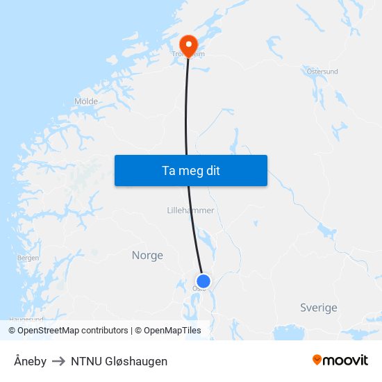 Åneby to NTNU Gløshaugen map