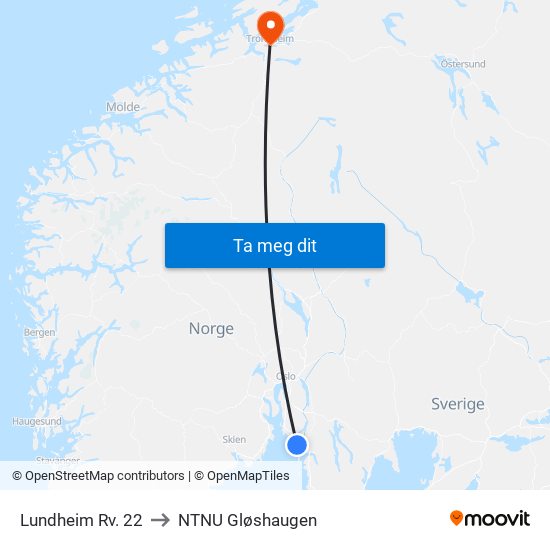 Lundheim Rv. 22 to NTNU Gløshaugen map