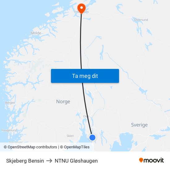 Skjeberg Bensin to NTNU Gløshaugen map