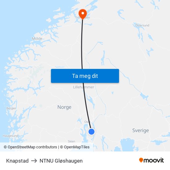 Knapstad to NTNU Gløshaugen map