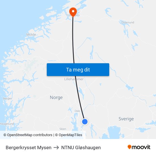 Bergerkrysset Mysen to NTNU Gløshaugen map