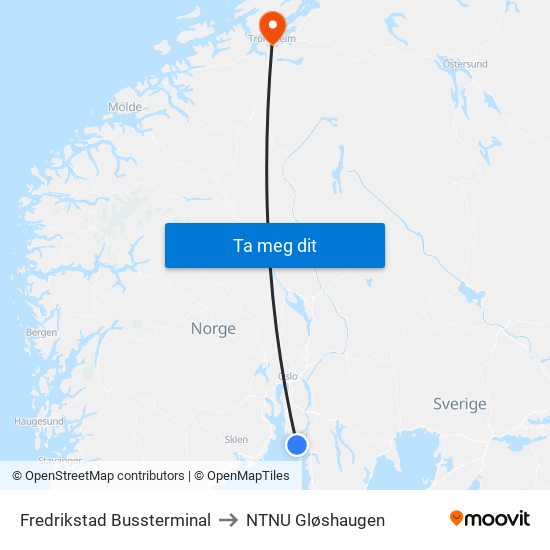 Fredrikstad Bussterminal to NTNU Gløshaugen map