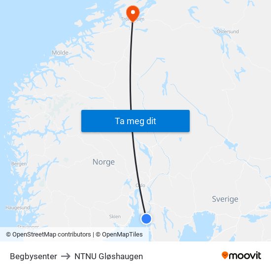 Begbysenter to NTNU Gløshaugen map
