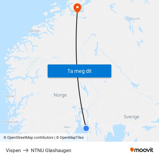 Vispen to NTNU Gløshaugen map