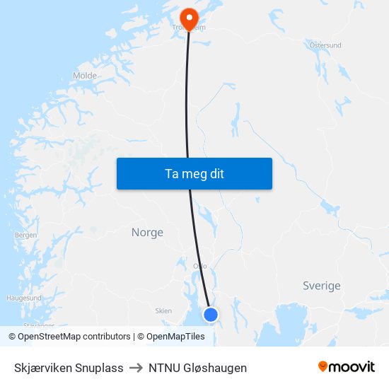 Skjærviken Snuplass to NTNU Gløshaugen map