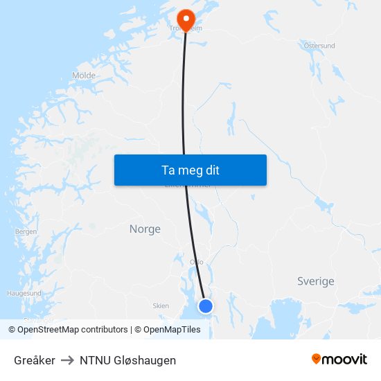 Greåker to NTNU Gløshaugen map