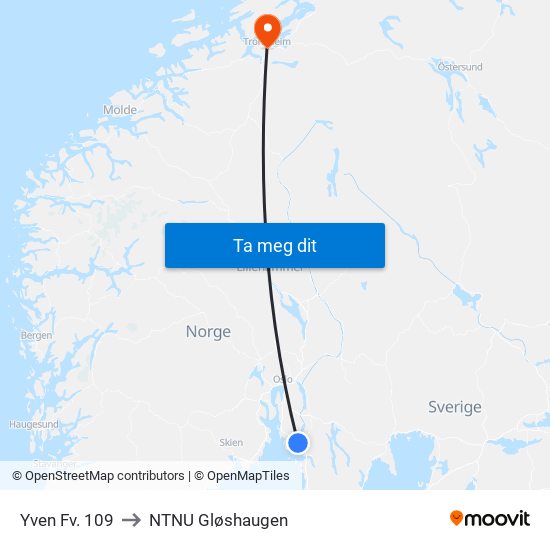 Yven Fv. 109 to NTNU Gløshaugen map