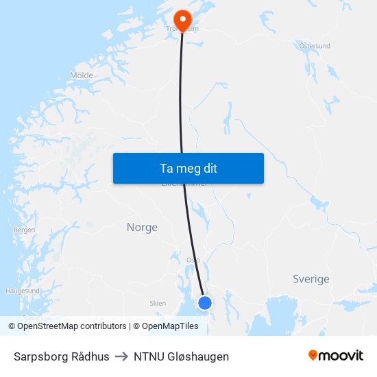 Sarpsborg Rådhus to NTNU Gløshaugen map