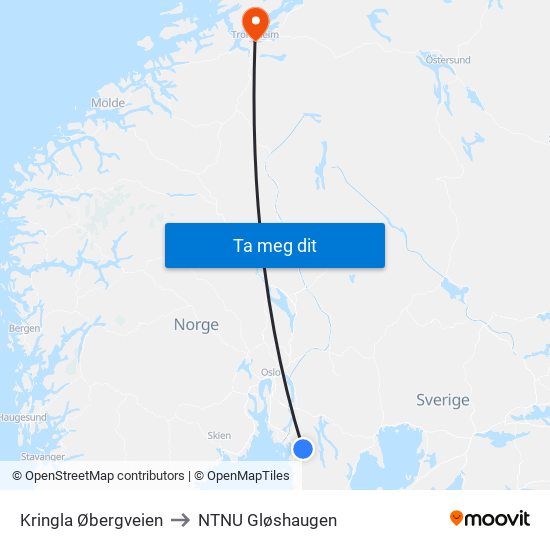 Kringla Øbergveien to NTNU Gløshaugen map