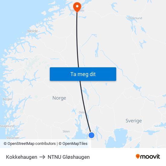 Kokkehaugen to NTNU Gløshaugen map