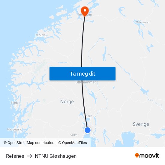 Refsnes to NTNU Gløshaugen map