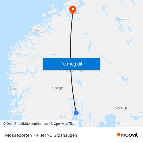 Mosseporten to NTNU Gløshaugen map