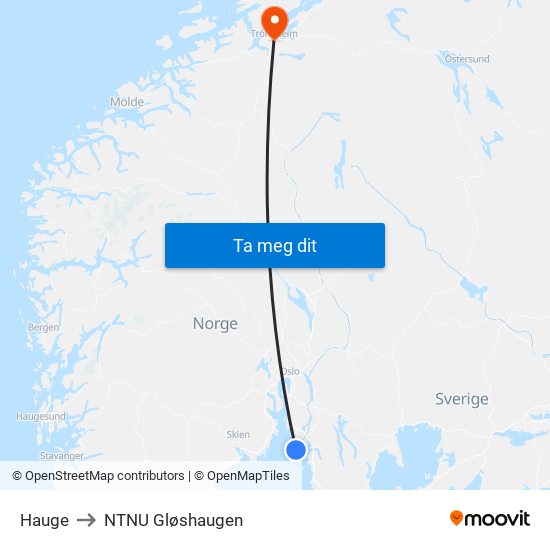 Hauge to NTNU Gløshaugen map