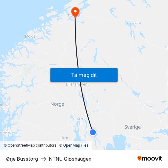 Ørje Busstorg to NTNU Gløshaugen map