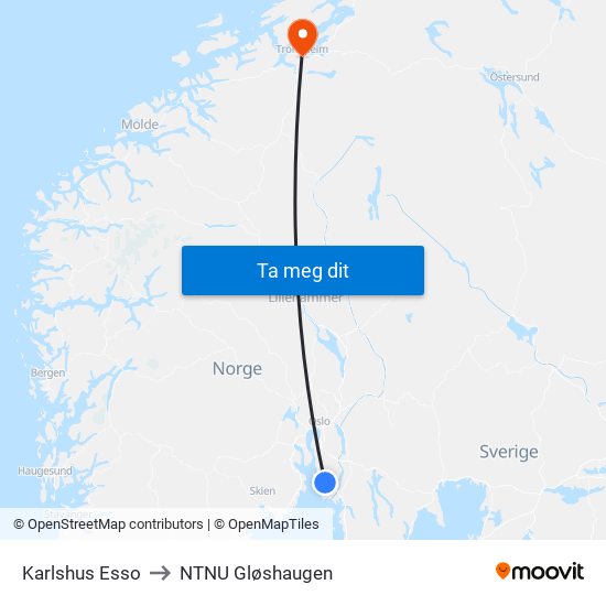 Karlshus Esso to NTNU Gløshaugen map