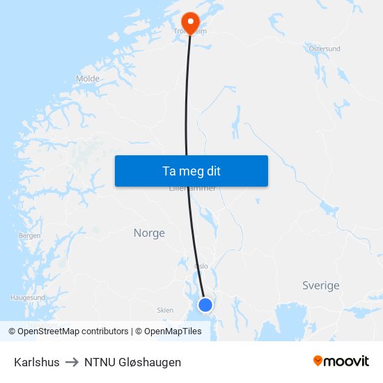 Karlshus to NTNU Gløshaugen map