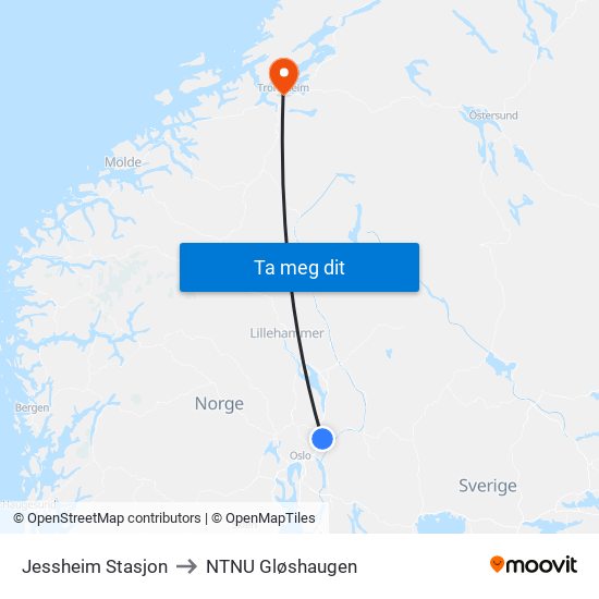 Jessheim Stasjon to NTNU Gløshaugen map