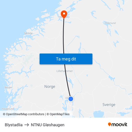 Blystadlia to NTNU Gløshaugen map