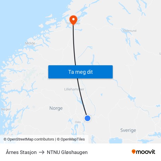 Årnes Stasjon to NTNU Gløshaugen map