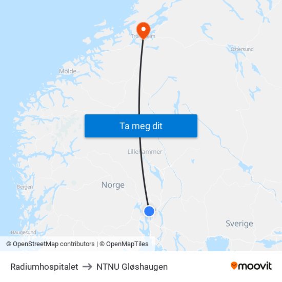 Radiumhospitalet to NTNU Gløshaugen map