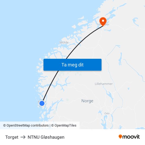 Torget to NTNU Gløshaugen map