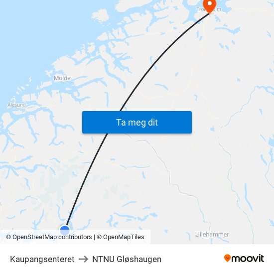 Kaupangsenteret to NTNU Gløshaugen map