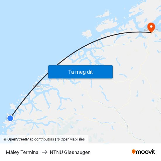 Måløy Terminal to NTNU Gløshaugen map