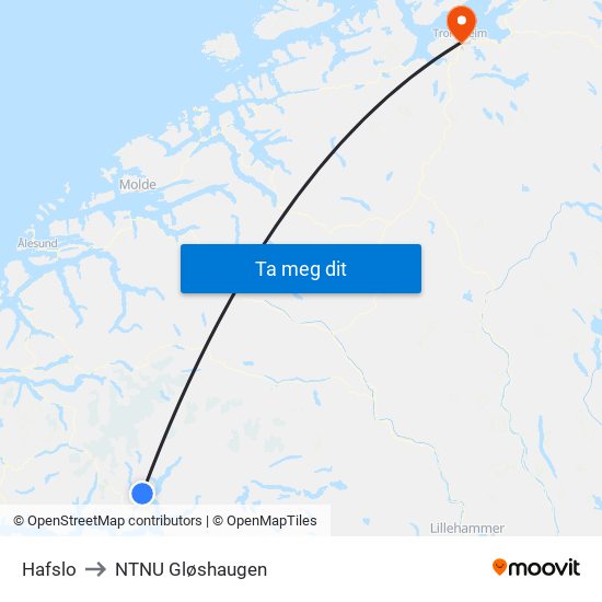 Hafslo to NTNU Gløshaugen map