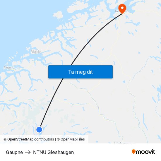 Gaupne to NTNU Gløshaugen map