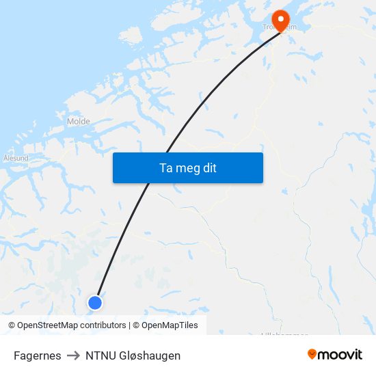 Fagernes to NTNU Gløshaugen map