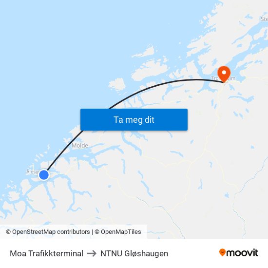 Moa Trafikkterminal to NTNU Gløshaugen map