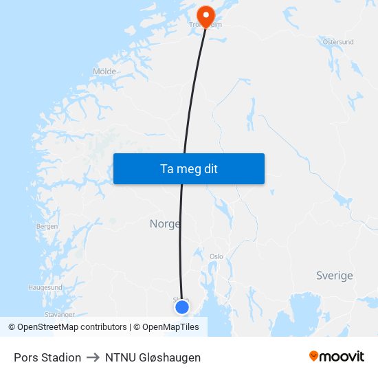 Pors Stadion to NTNU Gløshaugen map