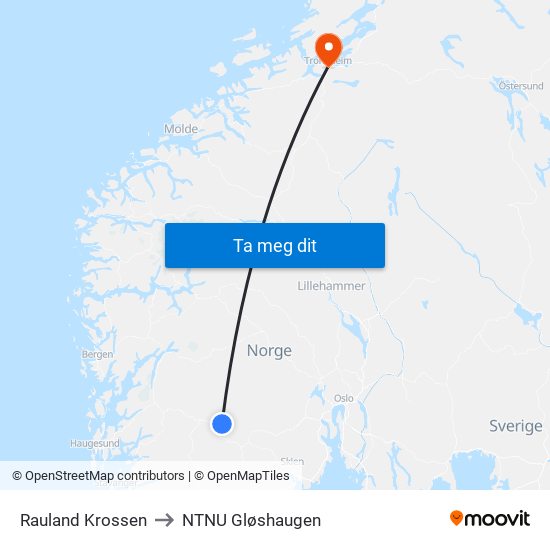Rauland Krossen to NTNU Gløshaugen map