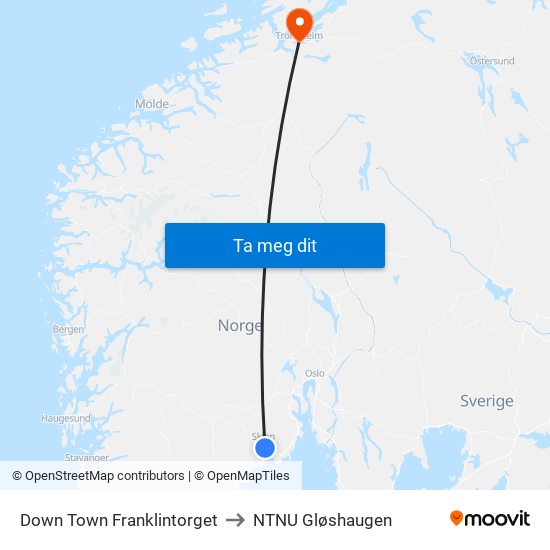 Down Town Franklintorget to NTNU Gløshaugen map