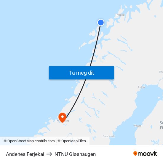 Andenes Ferjekai to NTNU Gløshaugen map