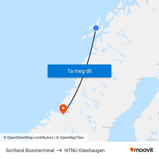 Sortland Bussterminal to NTNU Gløshaugen map