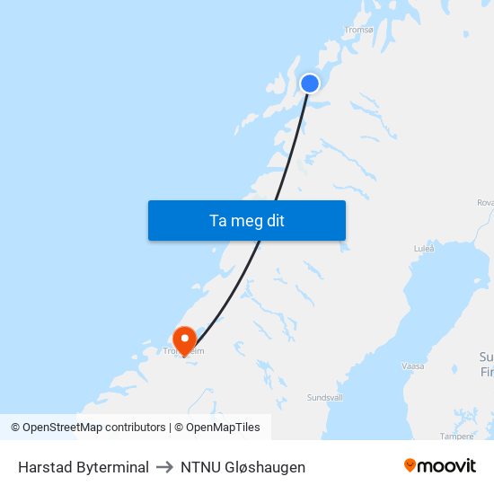 Harstad Byterminal to NTNU Gløshaugen map