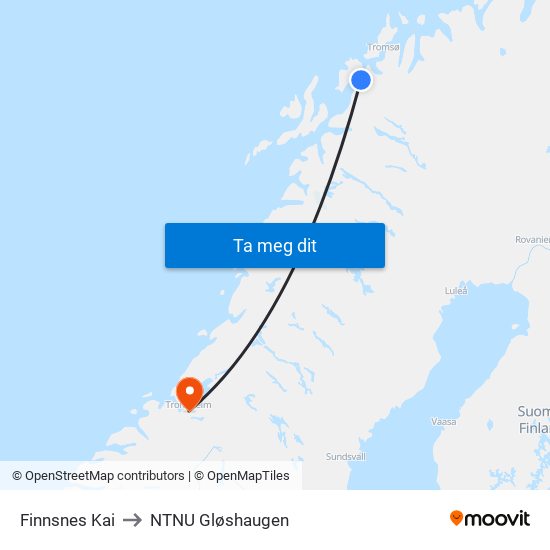 Finnsnes Kai to NTNU Gløshaugen map