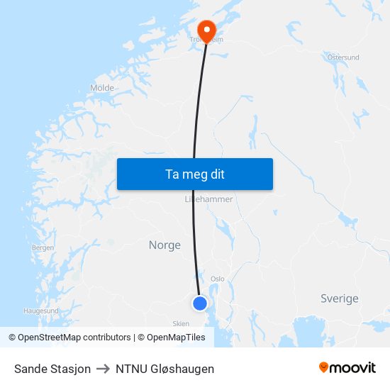 Sande Stasjon to NTNU Gløshaugen map
