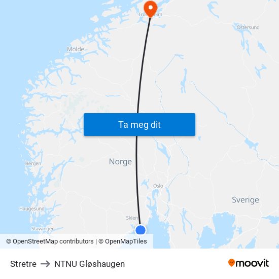 Stretre to NTNU Gløshaugen map